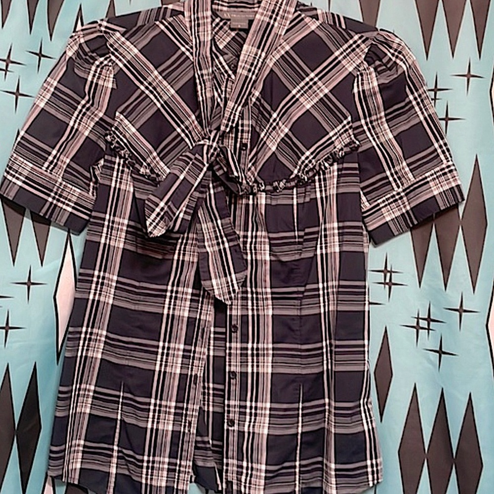 Armani Exchange Navy Plaid Tailored Button Down w/removable self tie bow-sz med